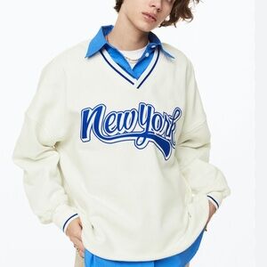 Cream and Blue New York Oversized V Neck Sweatshirt